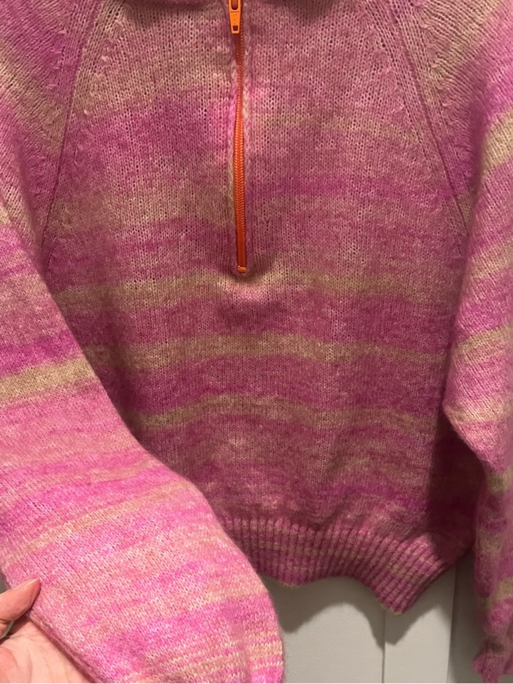 American Vintage Pink and Cream Striped Half-Zip Turtleneck Pullover - Picture 3 of 5